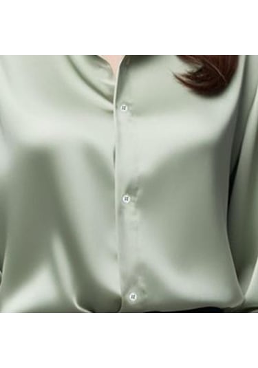 Kadın Gömlek Düz Renk Pürüzsüz Saten Uzun Kollu Yaka Rahat Üstler Tek Göğüslü Fransız Tarzı Ofis Gömlek Açık Yeşil
