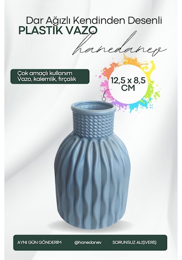 Kendinden Desenli Dar Ağızlı Plastik Vazo - Çok Amaçlı Kalemlik Fırçalık Vazo 12,5 X 8,5 Cm Gri
