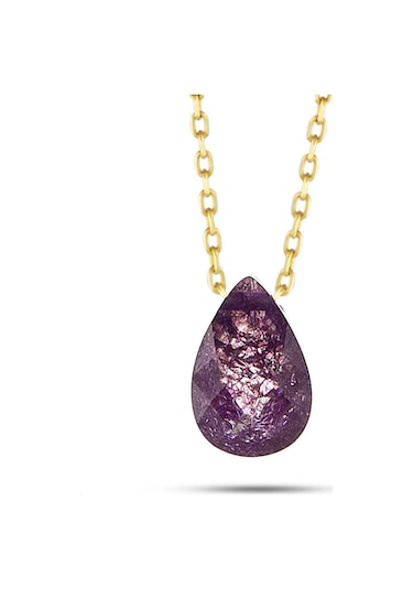 Moom Mücevherat Kadın Mor Damla Doğal Taşlı Kolye 14 Ayar Altın