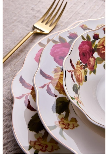 Porselen Rose Garden Bone 24 Parça 6 Kişilik Yemek Takımı Desenlı Desenli