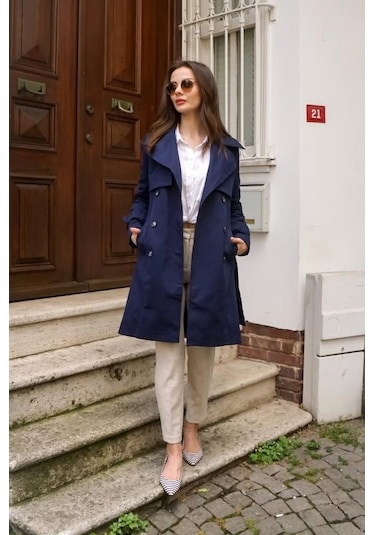 Pastelastore %100 Pamuk Gabardin Midi 95cm Astarlı Kemerli Kadın Trençkot 1113 Lacivert