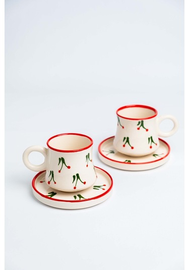 2 Li Takım Kirazlı Desenli El Yapımı Kazan Seramik Kahve Fincanı, Kahve Fincanı Beyaz