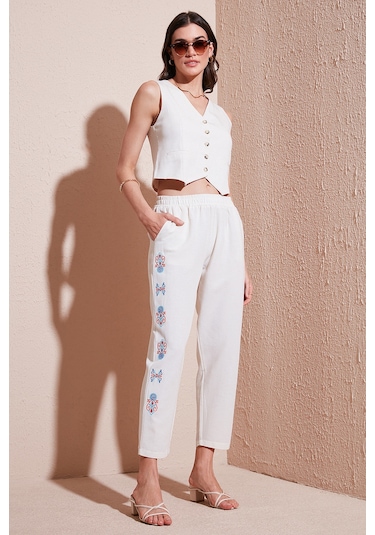 Lela Bohem Işlemeli Keten Ve Pamuk Karışımlı Şalvar Bayan Pantolon 5865050 Bej-Oranj