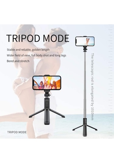 Springsun Kompakt 3'lü Bluetooth Selfie Çubuğu, Tripod Ve Kablosuz Kumanda İle, 101 Cm Uzunluk, 245 Döner Kafa, Siyah