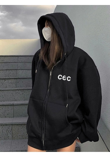 Siyah Baskılı Oversize Kapüşonlu Hırka Siyah