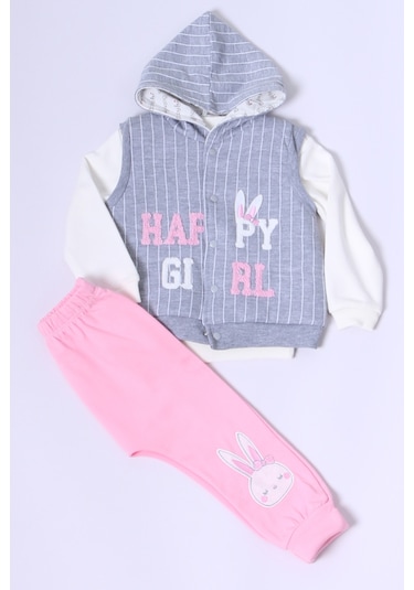 Kız Bebek Yelekli Takım Kapşonlu Çıtçıtlı Tavşan Baskılı A15 Pembe