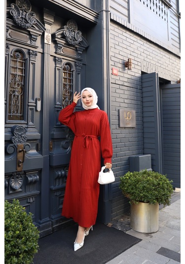 Kadın Kremit Boydan Düğmeli Yarasa Kol Kuşaklı Lara Keten Uzun Tesettür Elbise Kremit Kiremit