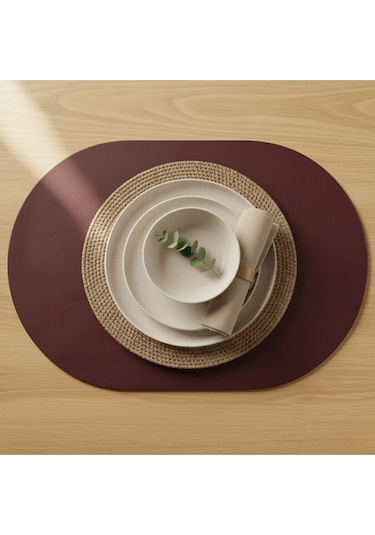 2 Adet Bordo Deri Amerikan Servis Tam Oval 33x44 Cm