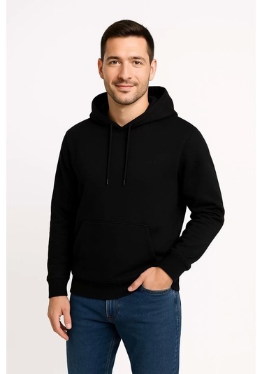 Erkek Üç İplik Kapüşonlu Kanguru Cepli Sweatshirt Hoodie - Siyah Siyah