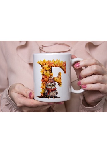 F Harf Sonbahar Yaprak Temalı Kupa Bardak - Sevimli Figürler İle Alfabe Harfli Bardak - Kişiye Özel Beyaz