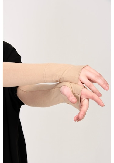 Parmak Geçmeli 45cm Likralı Penye Kolluk 1 Çift Bej