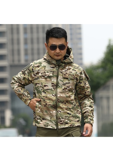 Erkek Hakiki Deri Yumuşak Kabuklu Ceket Kamuflaj Yeşili