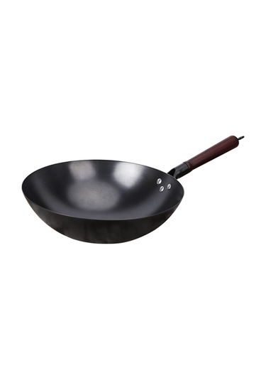 Çinli El Dövülmüş Demir Woks, Yuvarlak Tabanlı Dökme Demir Wok & Ahşap Kapaklı Kızartma Tavaları, Kaplama, Daha Az Yağ, Yapışmaz Pot-36cm 30cm Ahşap