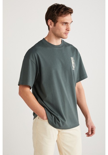 Antonıo Erkek Baskı Detaylı %100 Organik Pamuk Örme Oversize Yeşil T-shirt