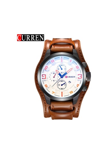 Suofeng Curren 8225 Erkek Spor Kol Saati Büyük Kasa Beyaz Ekran Kahverengi Deri Kemer-iç/ Dış Mekanlar İçin Dayanıklı Tasarım Siyah