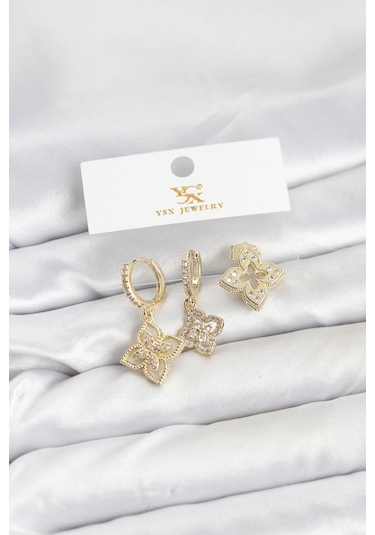 Pirinç Gold Renk Yonca Model Ysx Trio Küpe Seti