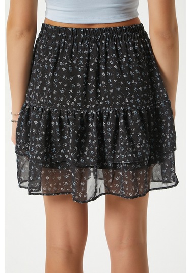 Kadın Juliet Siyah Çiçekli Astarlı Volanlı Mini Şifon Dokuma Etek