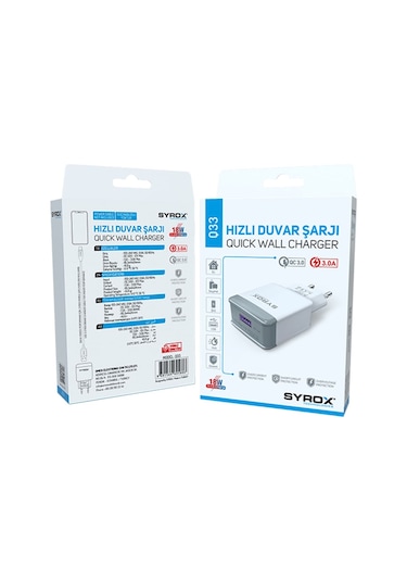 Syrox Q33 Hızlı USB 3.0A 18W Duvar Şarj Adaptörü Beyaz