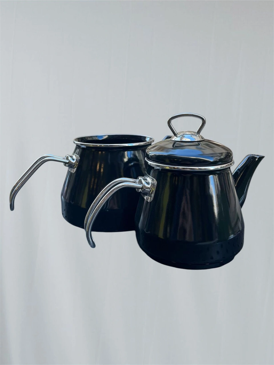 Taşev Robin Emaye Çaydanlık Takımı Siyah Siyah