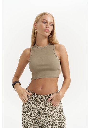 Mai Collection Mai Studios Co. Shoulder Haki Yıkamalı Fitilli Crop Haki