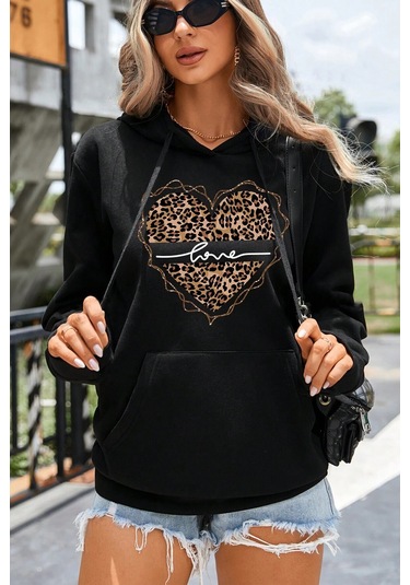 Kalp Baskılı Oversize Sweatshirt Siyah