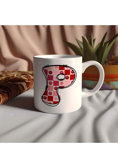 P Harfi Pembe Kareli Kalpli Göz Emojili Kupa Bardak Eğlenceli Kareli Tasarım Kahve Çay Kupası 07 Beyaz