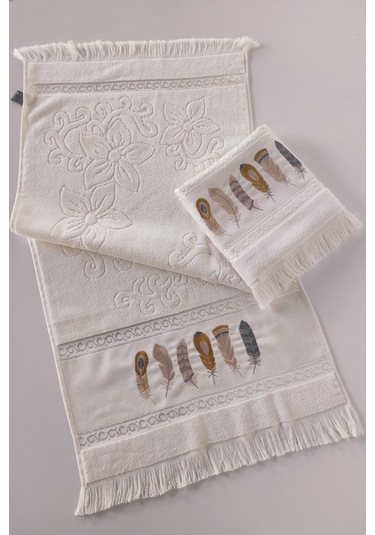 2'li Nakışlı Kadife El Havlusu -jakarlı Tüy İşlemeli Yüz Havlusu - %100 Pamuk Krem Krem