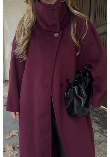 Bordo Vittoria Düğmeli Yaka Kaban - 2511 Bordo