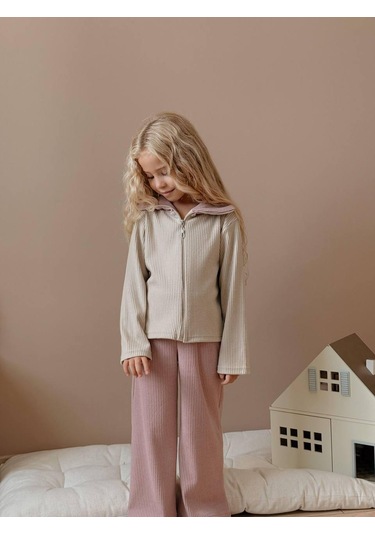 Kız Çocuk Rib Kumaş Fermuarlı Üst & Geniş Paça Alt Takım Bej / Gül Kurusu 1411 Karışık