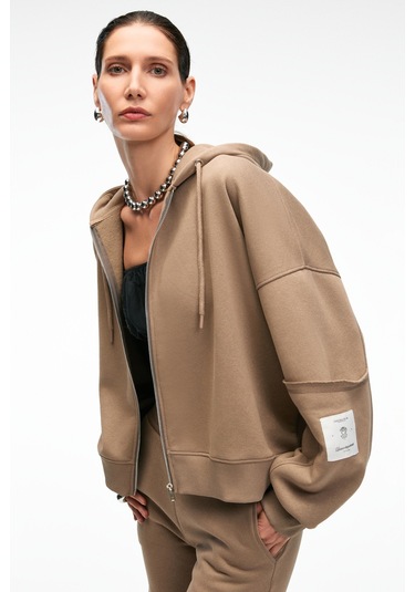 Grımelange Vıvıenne Kadın Metal Fermuarlı Kapüşonlu Kolda Süs Etiket Ve Cep Detaylı Vizon Sweatshirt Vizon