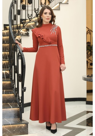 Elif Taşlı Tesettür Elbise Kiremit Kiremit