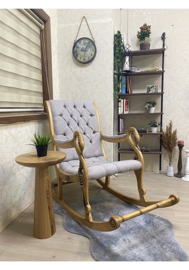 Asedia Vintage Kuğu Naturel Taş Rengi El Oyması Ahşap Sallanan Sandalye Dinlenme Koltuğu