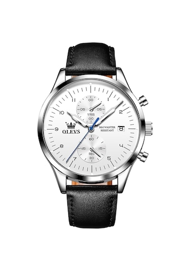 Olevs 2880 Erkekler Çok Fonksiyonlu İş Su Geçirmez Deri Kayış Kuvars Saat Beyaz