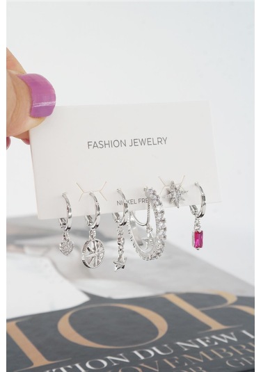 Kadın Vip Seri Mix Zirkon Taşlı 6'lı Küpe Seti - Gümüş