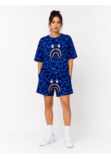 Moda Kadın Oversize Kalıp Pubg Bape X Shark Nakışlı Cepli Şort Takım - Mavi Çok Renkli