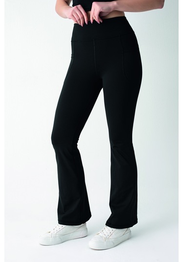 Siyah Yüksek Bel Toparlayıcı Çift Cepli İspanyol Paça Tayt Siyah