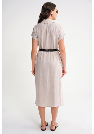 4453 Kadın Keten Cepli Midi Kemerli Elbise Taş Taş