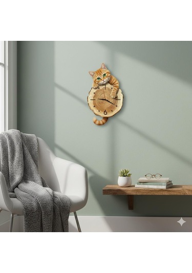 Cajuart Kütük Üzerinden Bakan Sarman Kedi Tasarımlı Duvar Saati Modern Dekoratif Saat Kahverengi