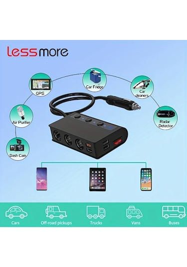Xuweiwei Lessmore Siyah 4 Portlu Voltaj Göstergeli 12 24v Araç Şarj Cihazı Hızlı Şarj 1den 3e Adaptör Led Ekran Kompakt Tasarım