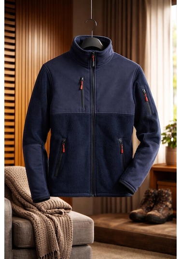 Vatan Tekstil Slim Fit Erkek Tam Fermuarlı Dik Yaka 4 Cepli Polar Softshell Garnili Lacivert