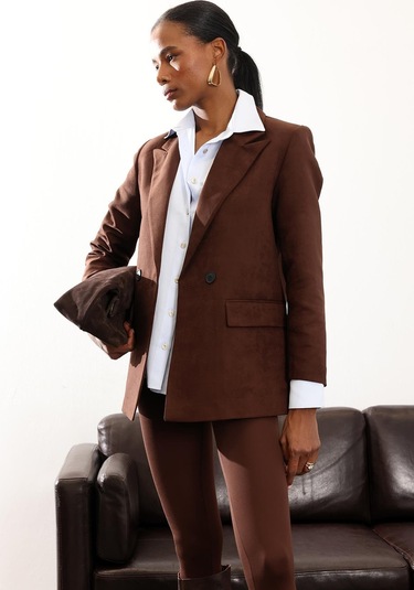 Kahverengi Süet Kruvaze Ceket 002064 Kahverengi