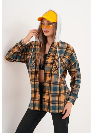 Kadın Desenli Renkli Oduncu Oversize Bol Ve Geniş Kalıp Casual Çift Kapüşonlu Ceket Gömlek Kahverengi - Mavi