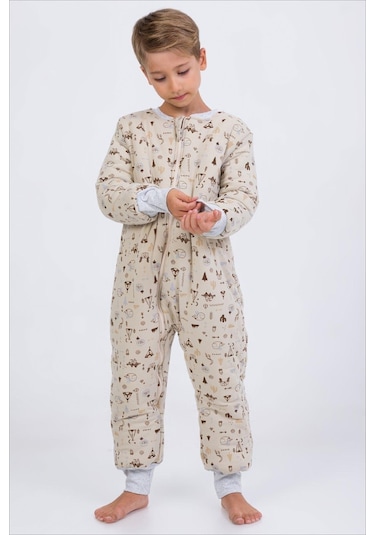 Kız Erkek Çocuk Kalın Elyaf Dolgulu Premium Kalite 2.5 Tog Desenli Uyku Tulumu Taş Rengi