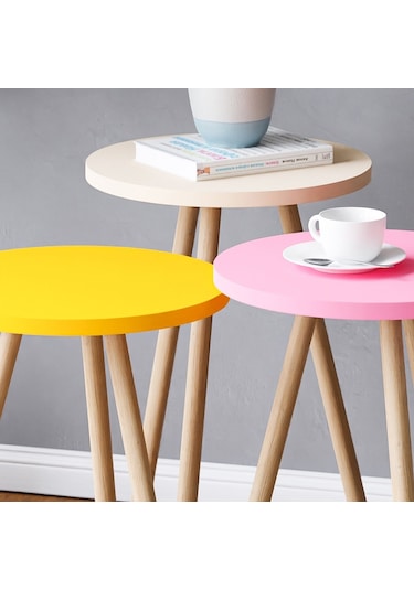 İntergo Renkli Üçlü Zigon Sehpa Ahşap Ayaklı Yuvarlak Pastel Tasarım Sarı-Krem-Pembe