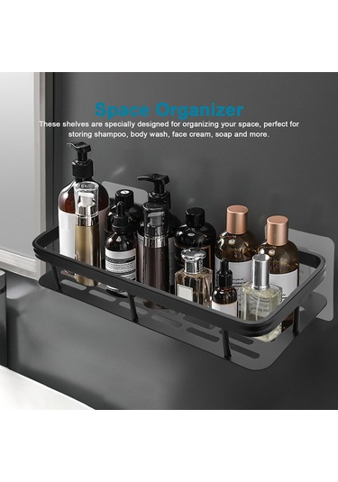 Delinmez Alüminyum Depolama Rafı Banyo Düzenleme Rafı, Dar Kenarlı Tek Katmanlı Dikdörtgen - Siyah