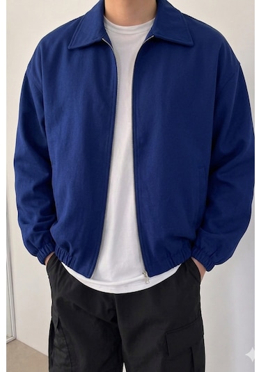 Tarz Cool Erkek Oversize Bomber Ceket Fermuarlı Basic Günlük Şık Mont Lacivert