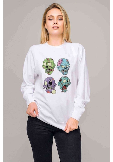 Zombie 4 Head Baskılı Beyaz Kadın Sweatshirt