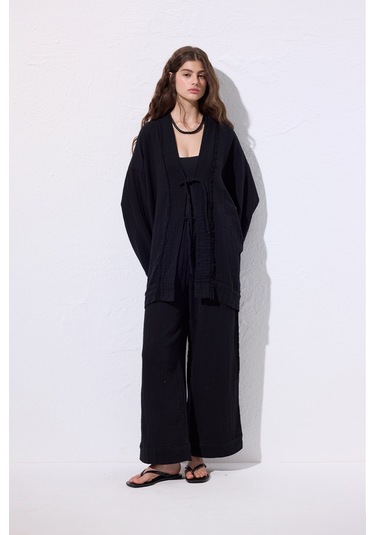 Müslin Geniş Kollu Kimono Siyah Siyah