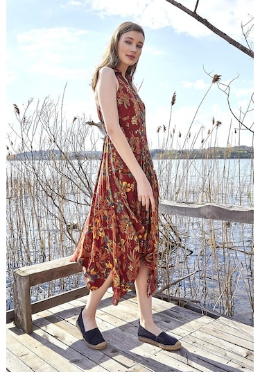 Çiçekli Gömlek Yaka Viskon Elbise