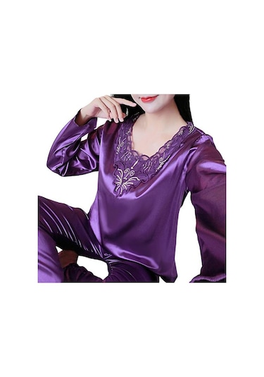 Koyu Mor 2 Adet/takım Rahat Bahar Gecelik Seti V Yaka Uyku Dantel Artı Boyutu Kadın Gecelik Yatak Odası İçin Set Koyu Mor